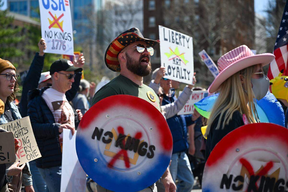 Protesters gathered in Mill Creek Park near the Country Club Plaza on Saturday, March 28, 2026, for a No Kings protest against the Trump administration. It's the third round of No Kings protests that have swept the nation over the past year.