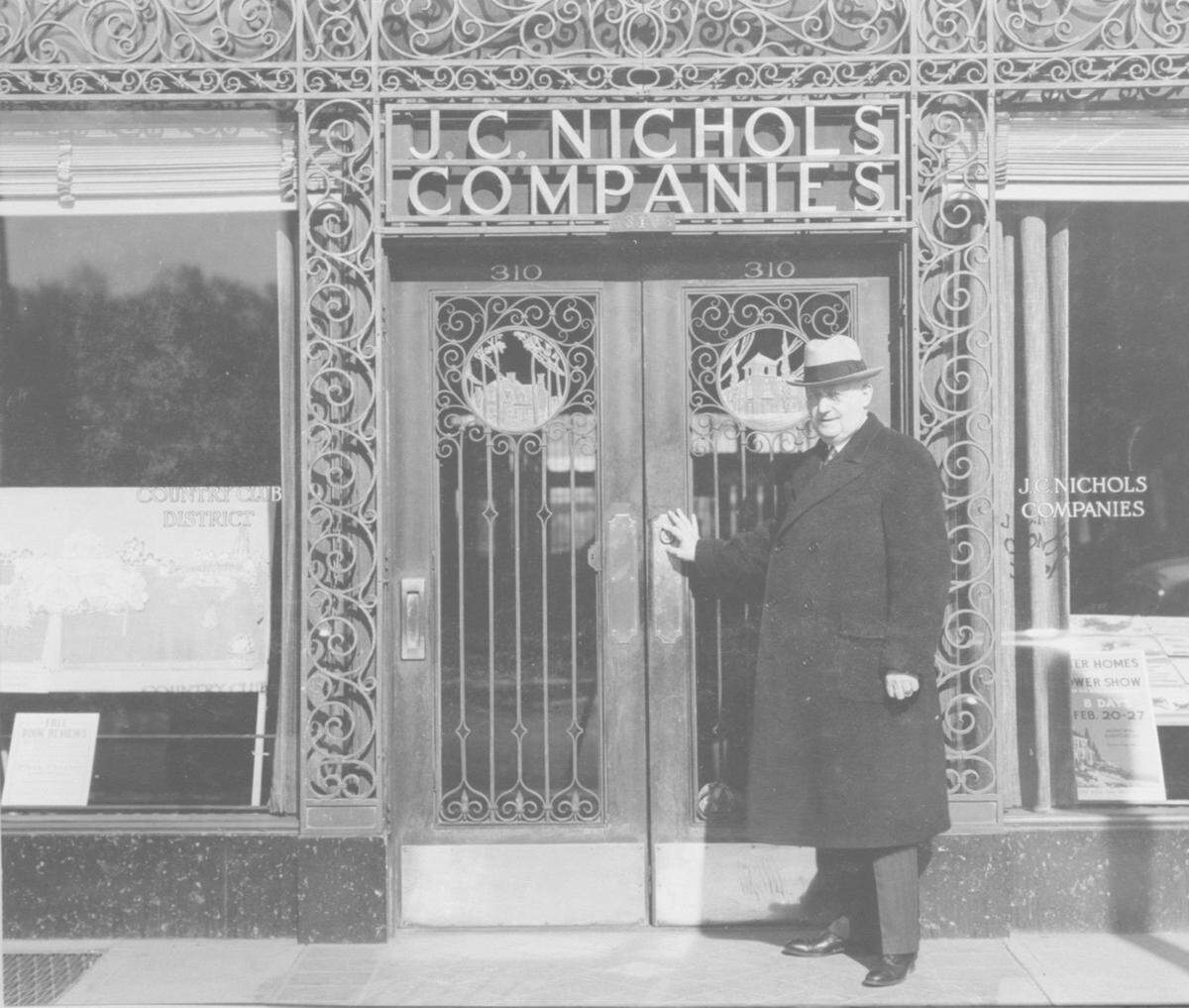 J.C. Nichols in front of his office at 310 Ward Parkway on the Country Club Plaza in this undated photo.