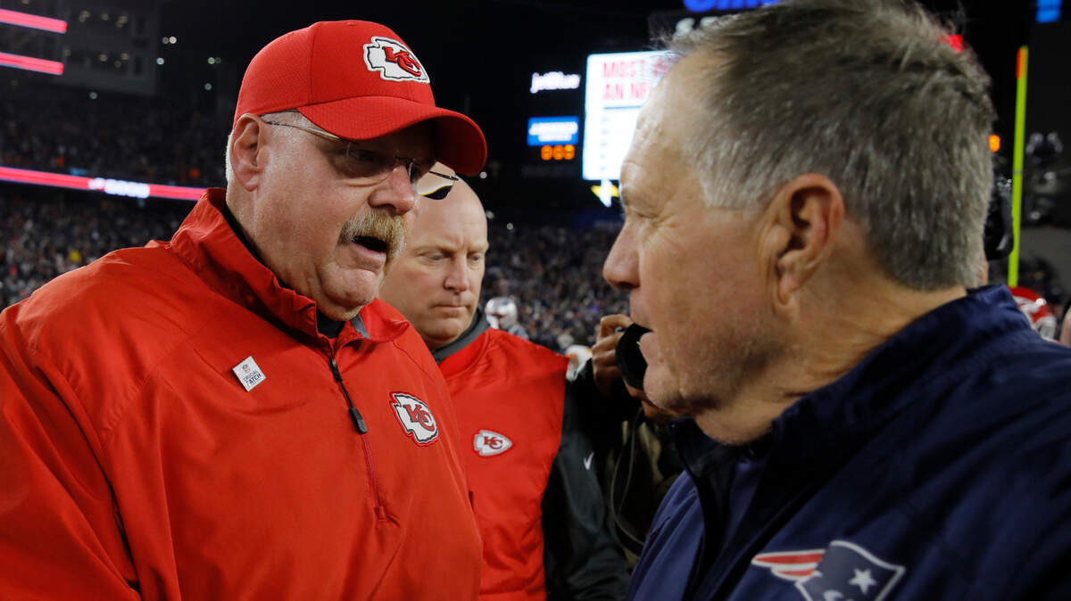 Kansas City Chiefs head coach Andy Reid meets New England Patriots head coach Bill Belichick after the game at Gillette Stadium.