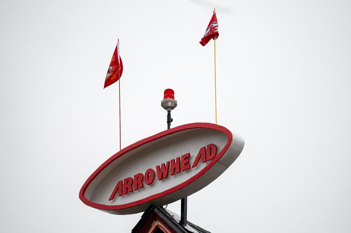 A replica of the Arrowhead sign sits atop the home of Kansas City Chiefs super fan Dennis Basye on Sunday, Feb. 4, 2024, in Sedgwick, Kansas. Basye, who has been collecting Chiefs merchandise for five years, annually enhances his house display with new additions.