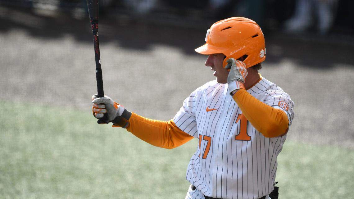 Tennessee’s Jared Dickey (17) steps up to the plate during the NCAA college baseball game against UNC Asheville in Knoxville, Tenn. on Tuesday, March 28, 2023.