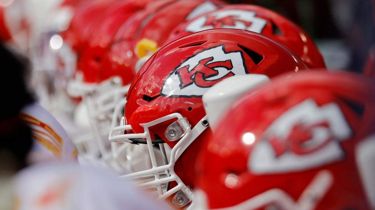 A view of Kansas City Chiefs players’ helmets on the bench before a game against the Washington Football Team at FedExField.