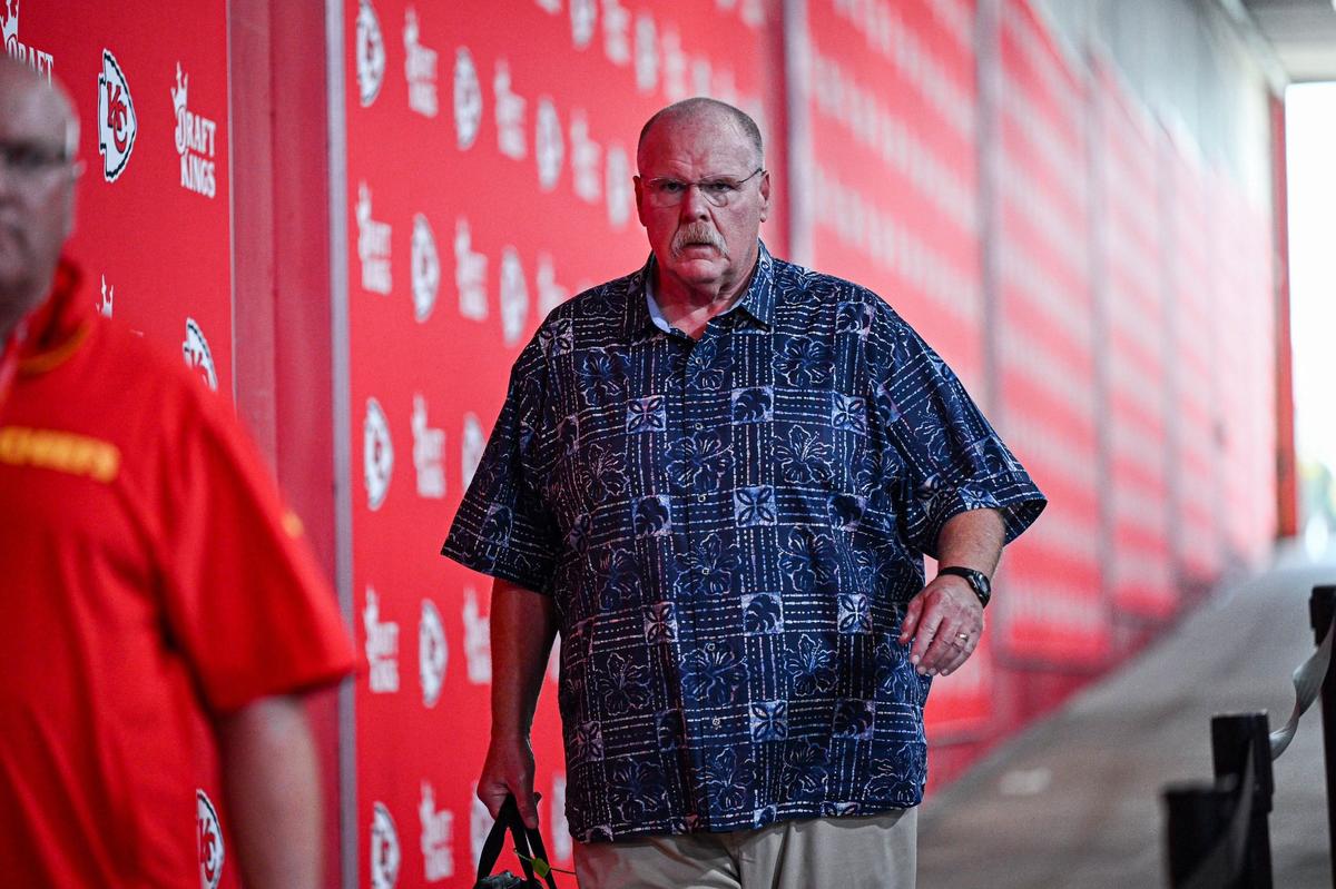 Kansas City Chiefs head coach Andy Reid arrives for the Chiefs’ game with the Bengals on Sept. 15 at GEHA Field at Arrowhead Stadium.