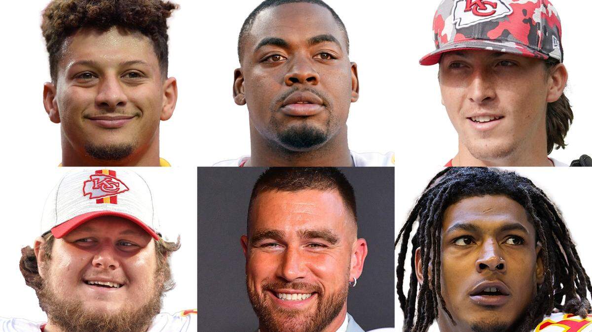 The Super Bowl-champion Kansas City Chiefs open training camp this week. Pictured here, cockwise from top left, are: quarterback Patrick Mahomes, defensive lineman Chris Jones, punter Tommy Townsend, running back Isiah Pacheco, tight end Travis Kelce and center Creed Humphrey.