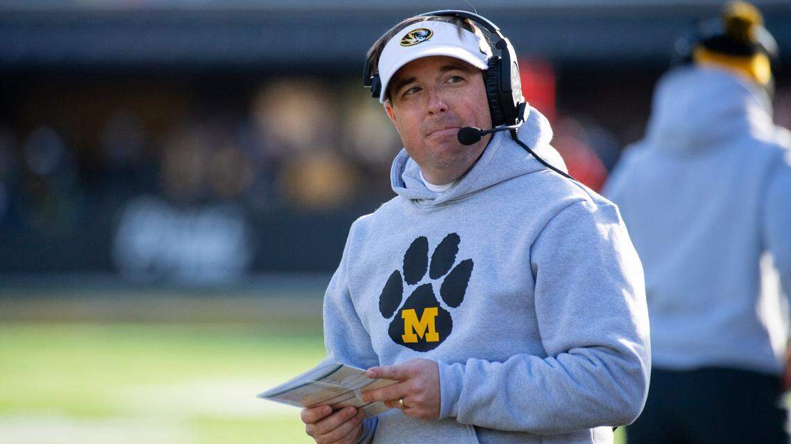 Missouri head coach Eliah Drinkwitz watches during the first quarter of an NCAA college football game against South Carolina, Saturday, Nov. 13, 2021, in Columbia, Mo. Missouri won 31-28. (AP Photo/L.G. Patterson)