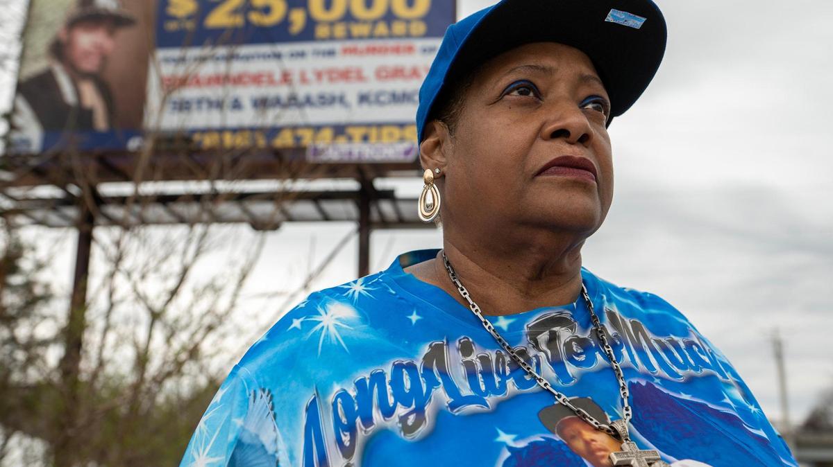 Sherry Paige is seen on Thursday, March 30, 2023, in Kansas City. Paige commissioned a billboard hoping to seek justice for the death of her son, Shawndelle Lyle Gray, who was found shot inside his vehicle two years ago.