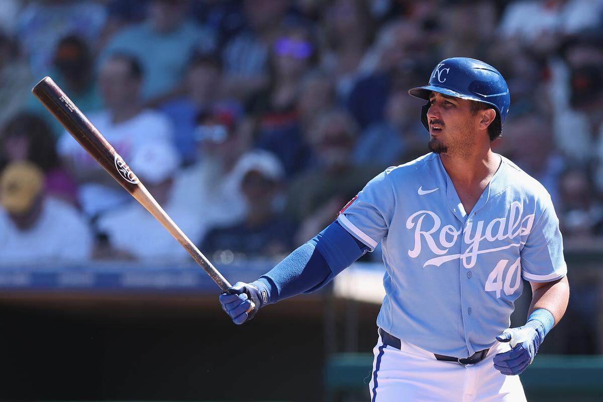 Josh Rojas bats for the Royals against the San Francisco Giants during a spring training game at Surprise Stadium in Surprise, Arizona on March 11, 2026.
