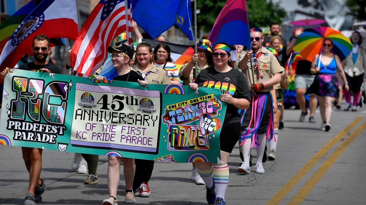Participants in the 2022 KC Pride Parade make their way through Westport at the start of Saturday’s procession down Broadway, and then on to Theis Park, where the annual Pride Festival is being held this weekend.