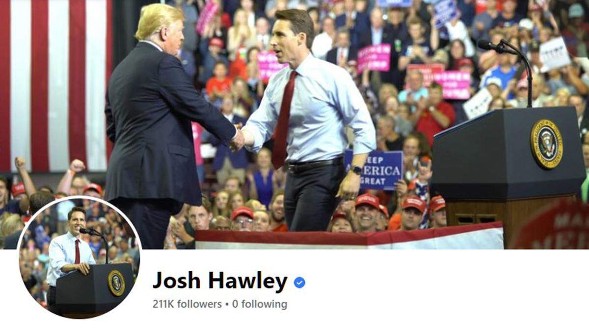 Josh Hawley shakes Donald Trump's hand in a photo on his Senate campaign's Facebook page.