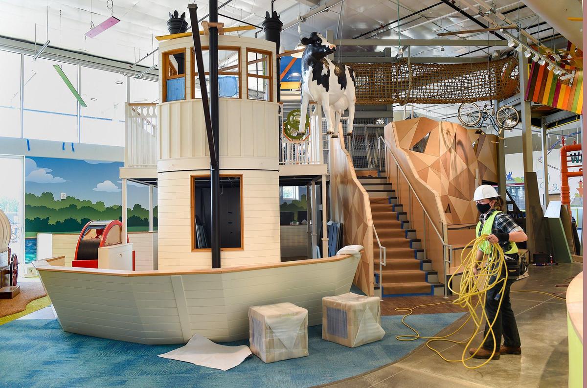 A replica steamboat, a nod to Kansas City’s history, is a focal point in the Wonder Climber exhibit.