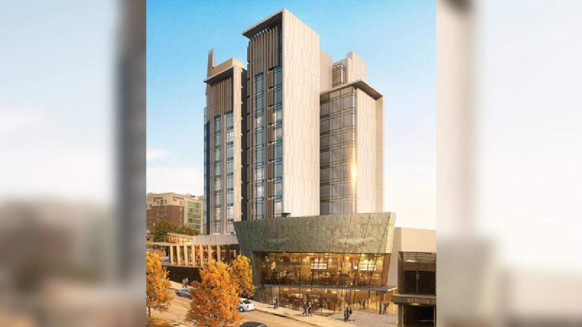 A rendering shows the proposed luxury hotel planned on Wyandotte Street near the Kauffman Center for the Performing Arts. The City Council rejected an incentive package for the project Thursday.