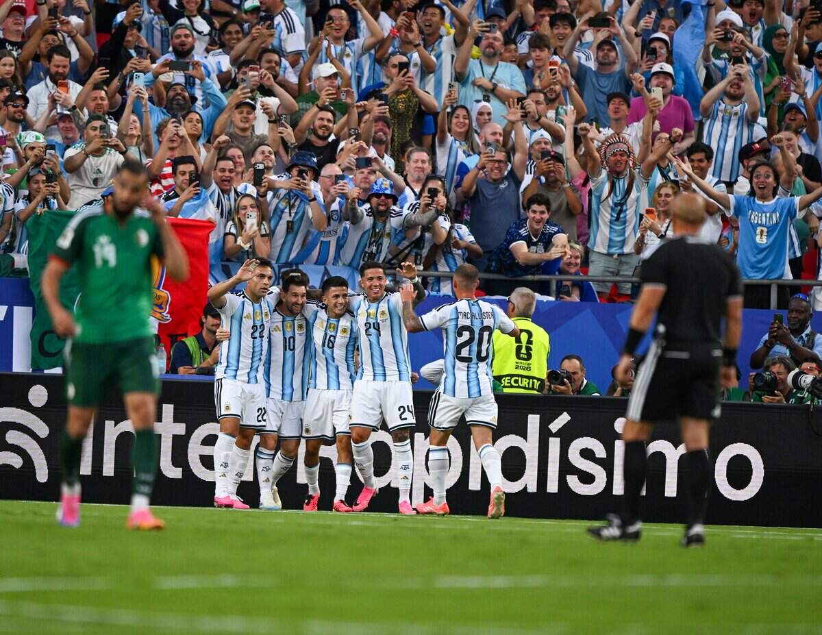 Argentina celebrates after Argentina forward Lionel Messi (10) scored the team's first goal in the Argentina vs. Algeria FIFA World Cup group-stage soccer match at Kansas City (Arrowhead) Stadium in Kansas City on Tuesday, June 16, 2026.