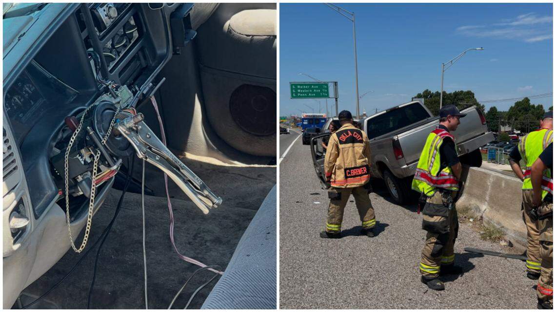 A driver using a pair of vise grips in lieu of a steering wheel crashed in Oklahoma, officials say.