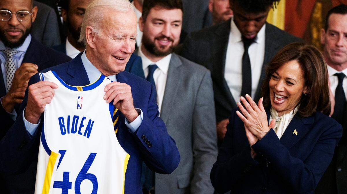 Jan 17, 2023; Washington, DC, USA; President Joe Biden holds up a Golden State Warriors jersey with his last name and the number “46” on it during a ceremony with the team to celebrate their 2022 NBA championship in the East Room at The White House. Mandatory Credit: Josh Morgan-USA TODAY