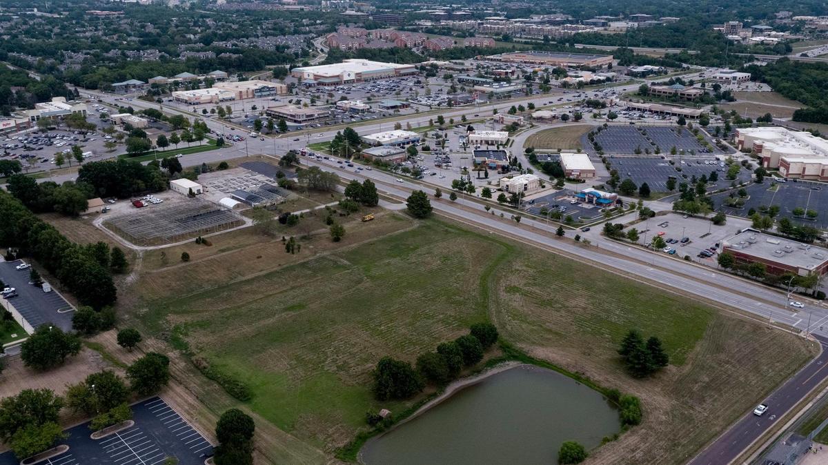 The southwest portion of the intersection of 135th Street and Antioch is seen in an aerial view. A developer proposes to build apartments on this land.