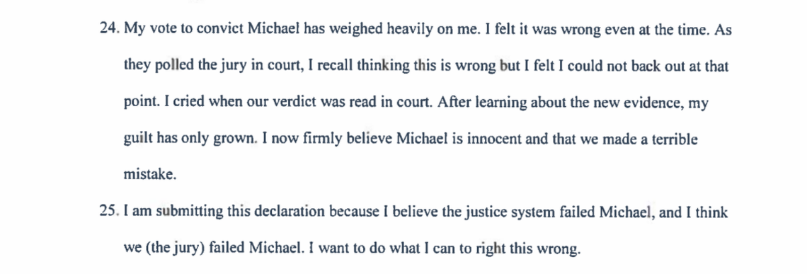 Part of an affidavit signed by juror Linda Dickerson-Bell.