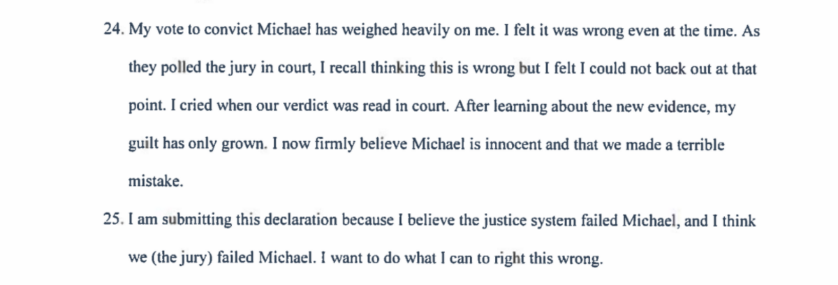 Part of an affidavit signed by juror Linda Dickerson-Bell.