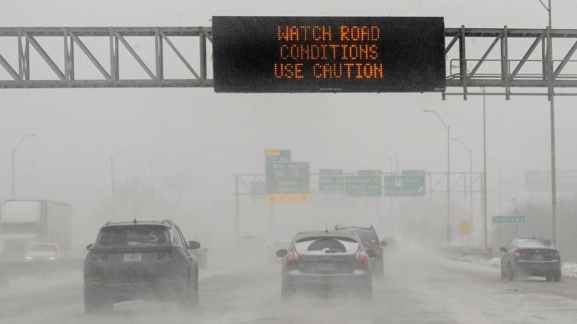 A new study flagged Interstate 70 in Kansas and Missouri as among the most dangerous winter highways In this file photo, drivers faced low visibility, blowing snow and frigid temperatures on westbound Interstate 70, east of downtown Kansas City on Jan. 15, 2024.