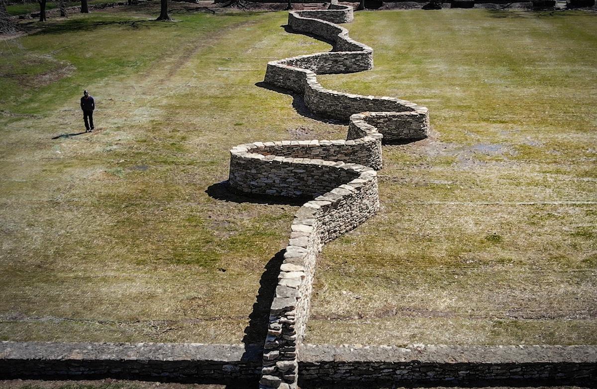 Artist Andy Goldsworthy’s “Walking Wall” at The Nelson-Atkins Museum of Art. When all the components of are completed, it will connect the inside of the museum to the outside. This is the first section of wall built just east of the gallery in March.