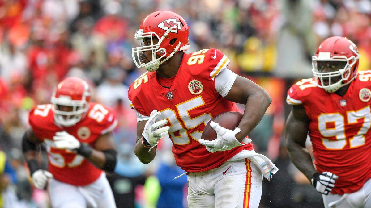 Kansas City Chiefs defensive tackle Chris Jones ran in a a pass he intercepted for a touchdown late in the second quarter during Sunday’s football game  with Jacksonville on October 7, 2018 at Arrowhead Stadium in Kansas City, Mo.