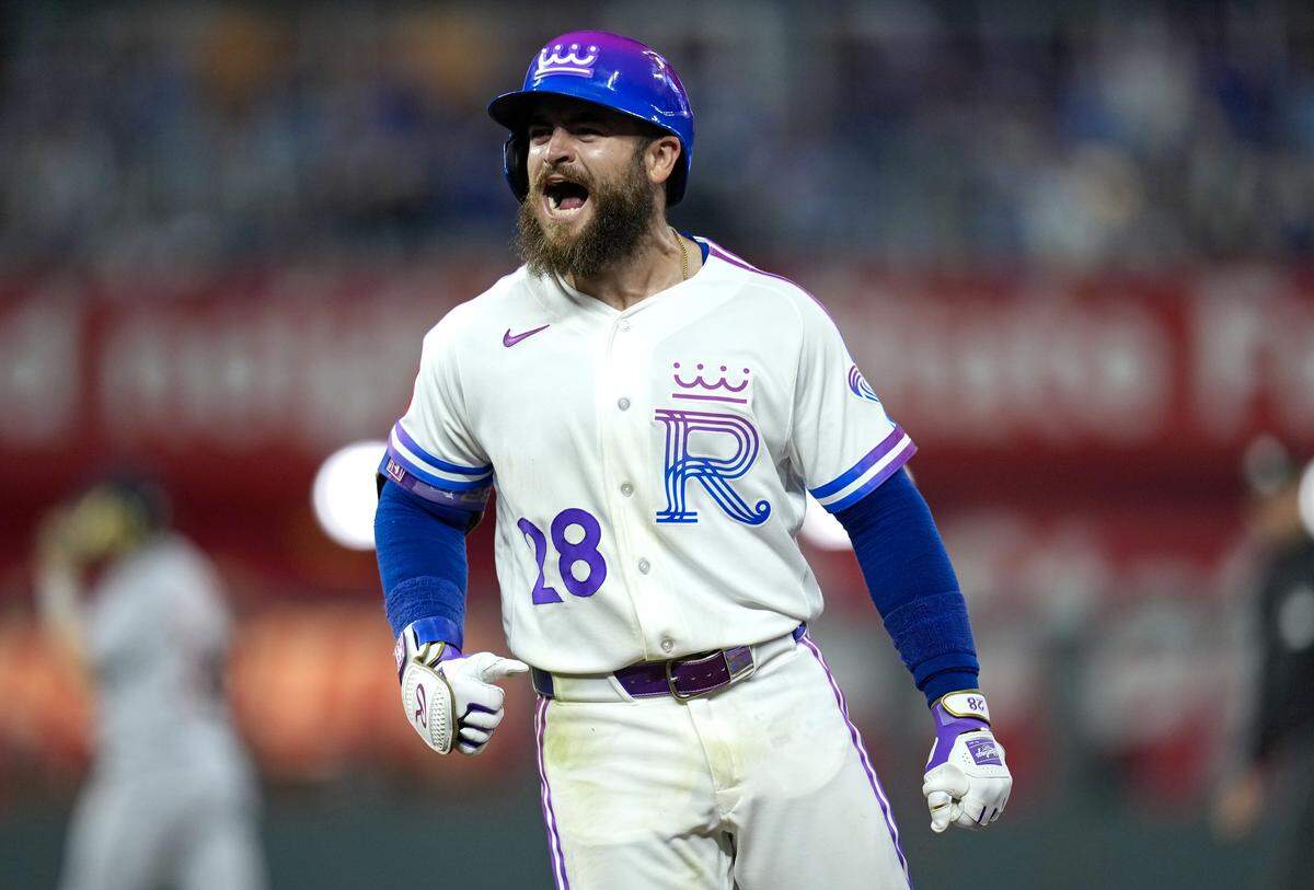 Royals outfielder Kyle Isbel celebrates after hitting a walkoff single to help KC defeat the Detroit Tigers at Kauffman Stadium in Kansas City on Friday, May 8, 2026.