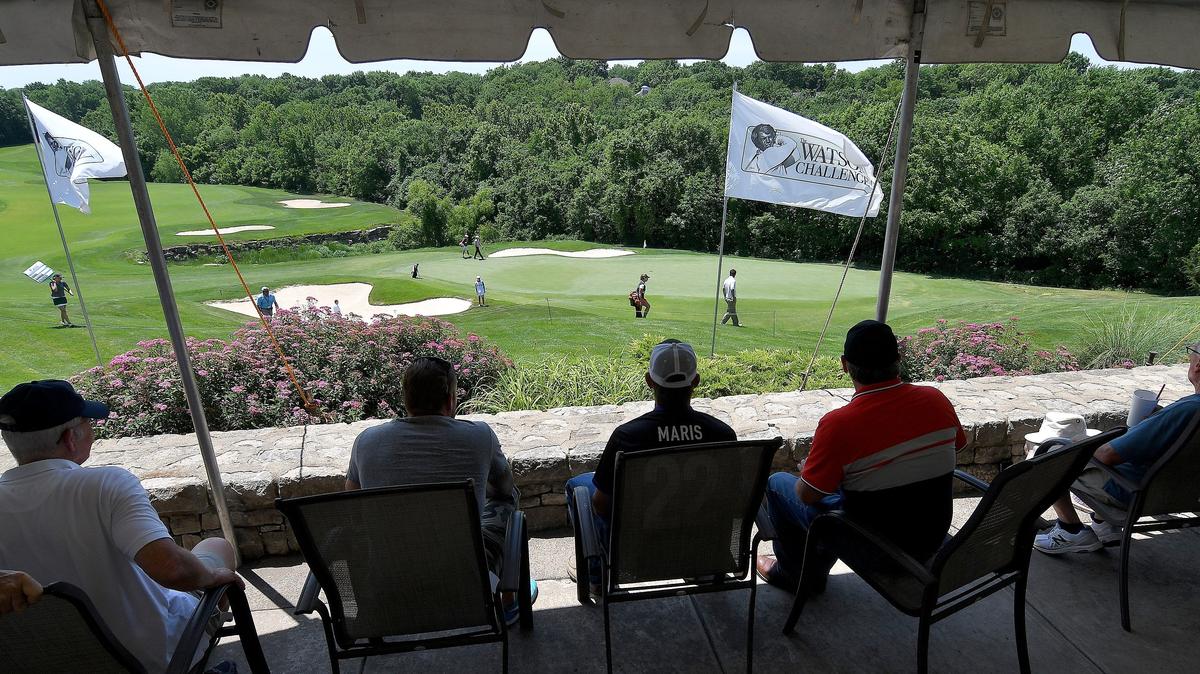 Spectators watch on the 18th green during Friday’s first round of the 2018 Watson Challenge at Shadow Glen Golf Course in Olathe.