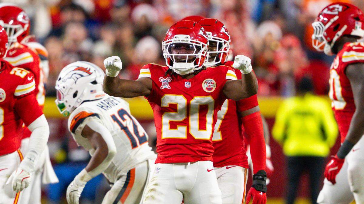 Kansas City cornerback Nohl Williams (20) celebrates after a big tackle in the second half of the Chiefs’ game against the Denver Broncos on Dec. 25, 2025, at GEHA Field at Arrowhead Stadium.