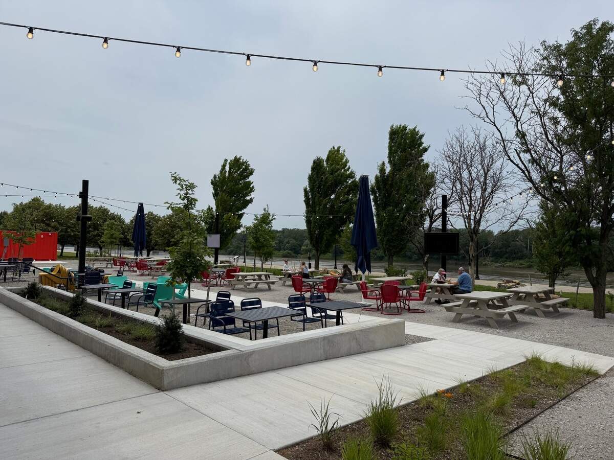 The beer garden looks onto the Missouri River.