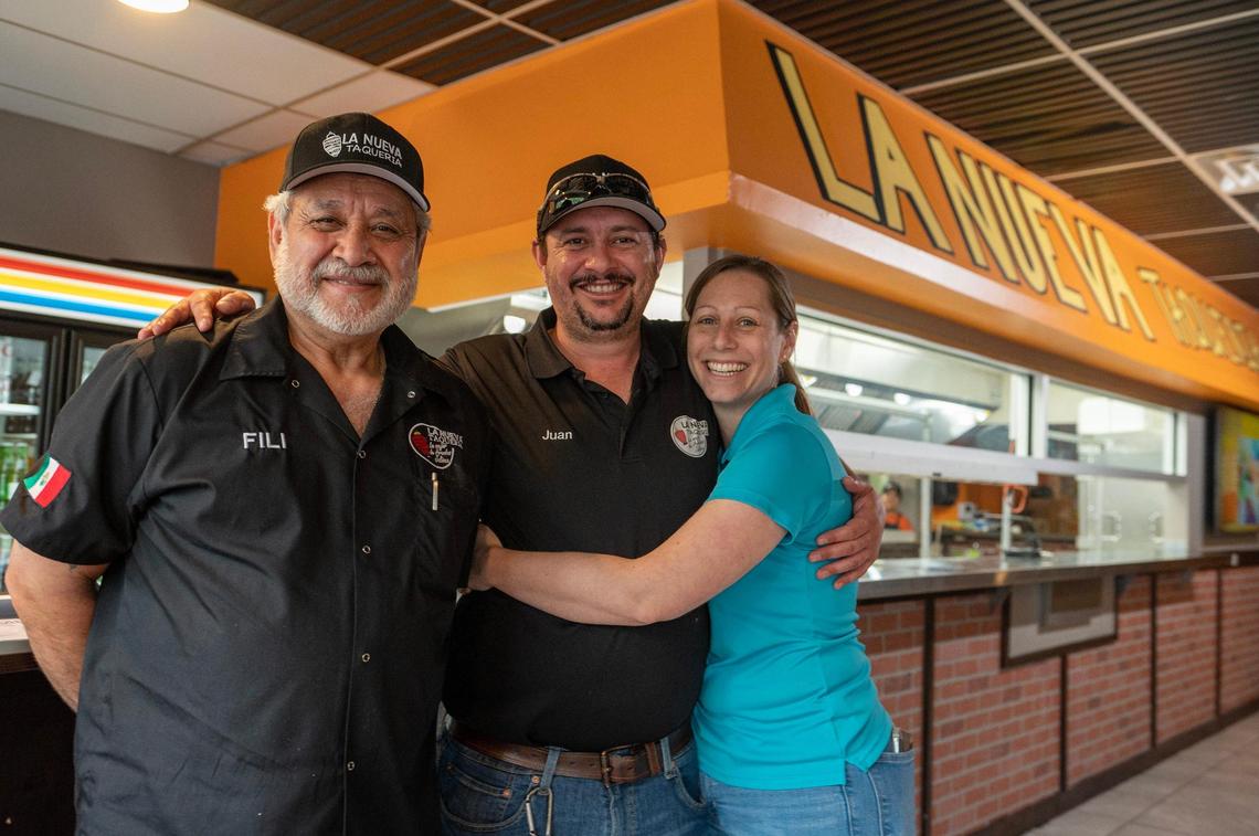 At Taqueria La Nueva, from left: Filiberto Castro, a cook, and owners Juan Lozano and Julia Rohrer.