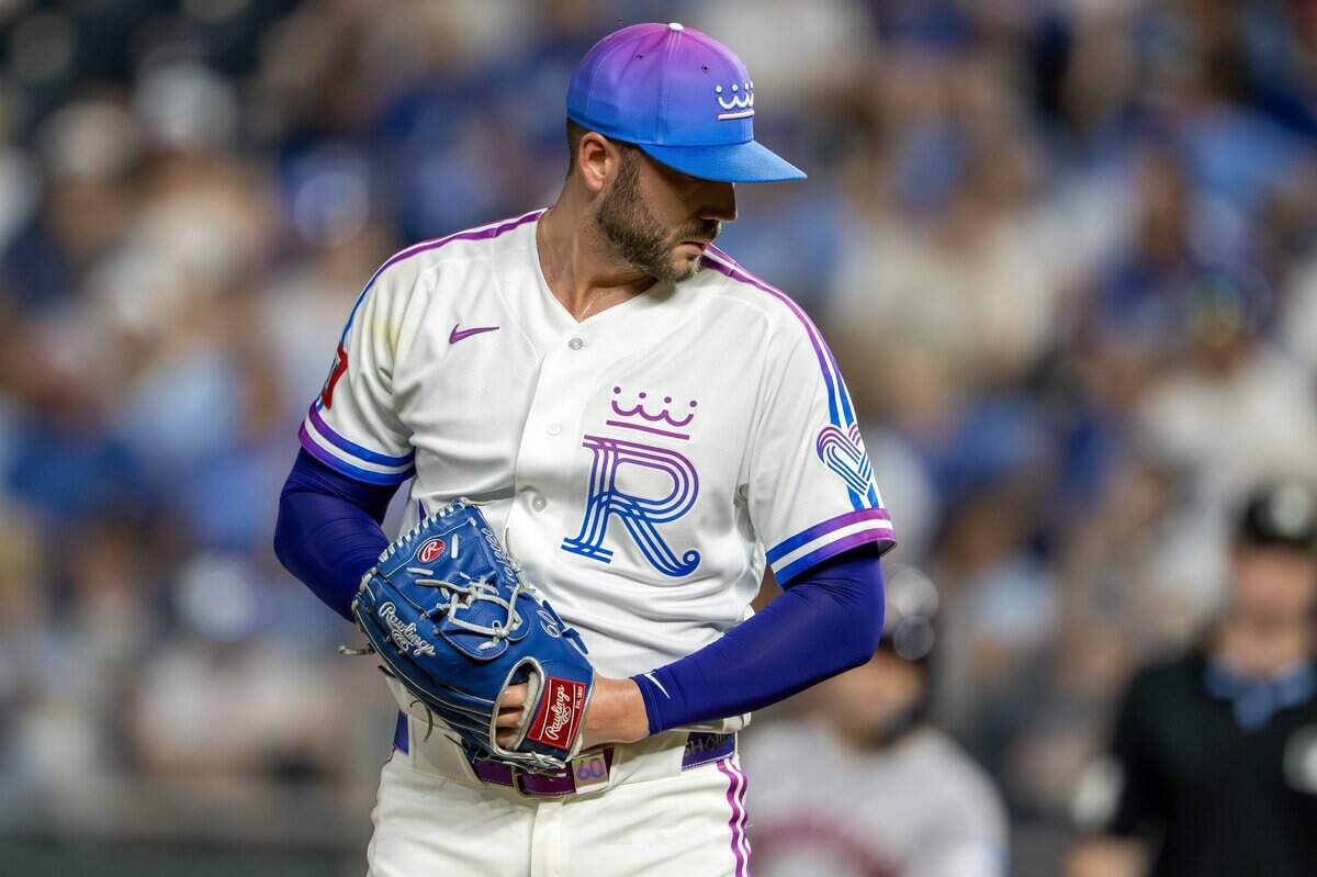 Wearing the Kansas City Royals' new "Forever Fountains" City Connect uniform, pitcher Lucas Erceg (60) throws in the sixth inning against the Houston Astros on Friday, June 12, 2026, at Kauffman Stadium in Kansas City.