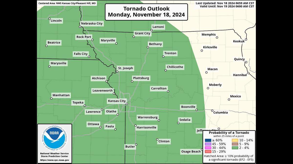 There is a period where severe thunderstorms will be possible Monday afternoon in the Kansas City area, the National Weather Service said. The most likely threat from the severe storms will be damaging wind gusts, but hail and a brief tornado are also possible.