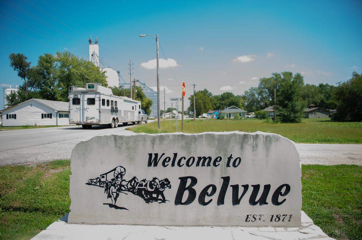 A sign welcomes travelers to Belvue on the west edge of Belvue, Kan. Former city clerk Kimberly Fitzgerald pleaded guilty to theft of public funds from the city.
