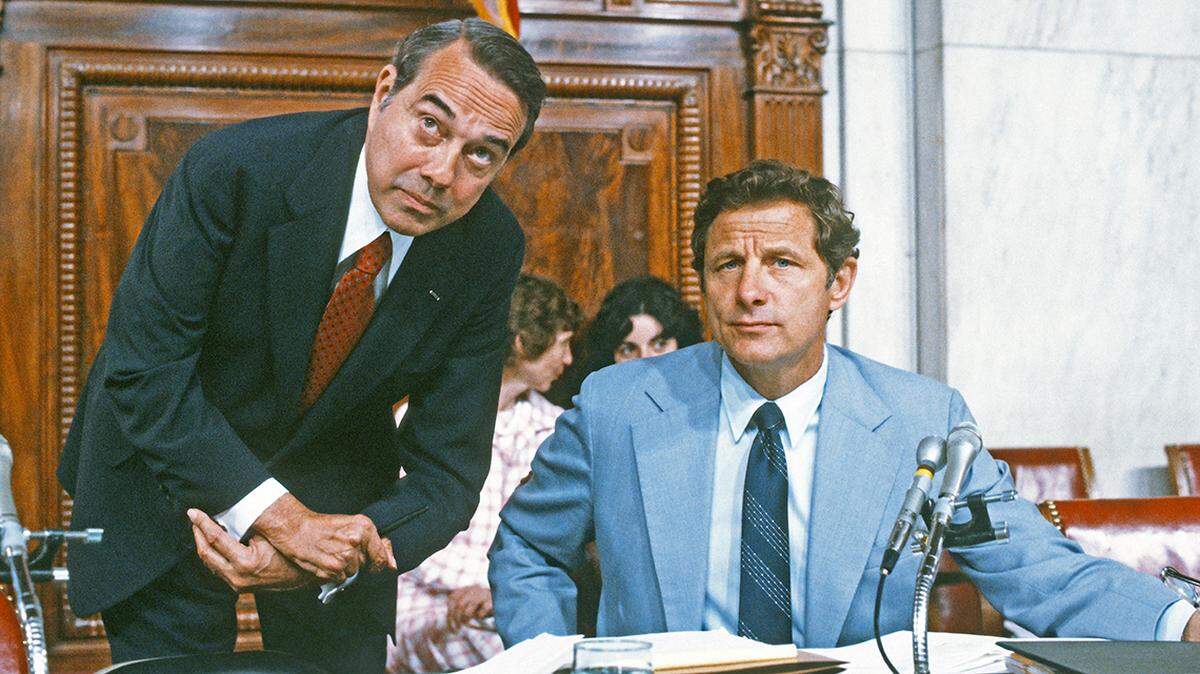 United States Senator Bob Dole (Republican of Kansas), left and U.S. Senator Birch Bayh (Democrat of Indiana) , Chairman, Special US Senate Judiciary Subcommittee 