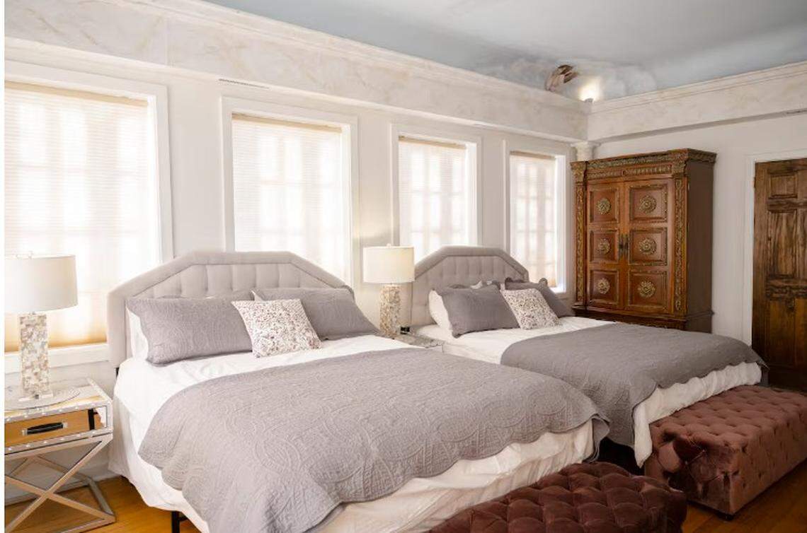 One of five bedrooms in the “Warwick Mansion” in Kansas City as listed on Airbnb.