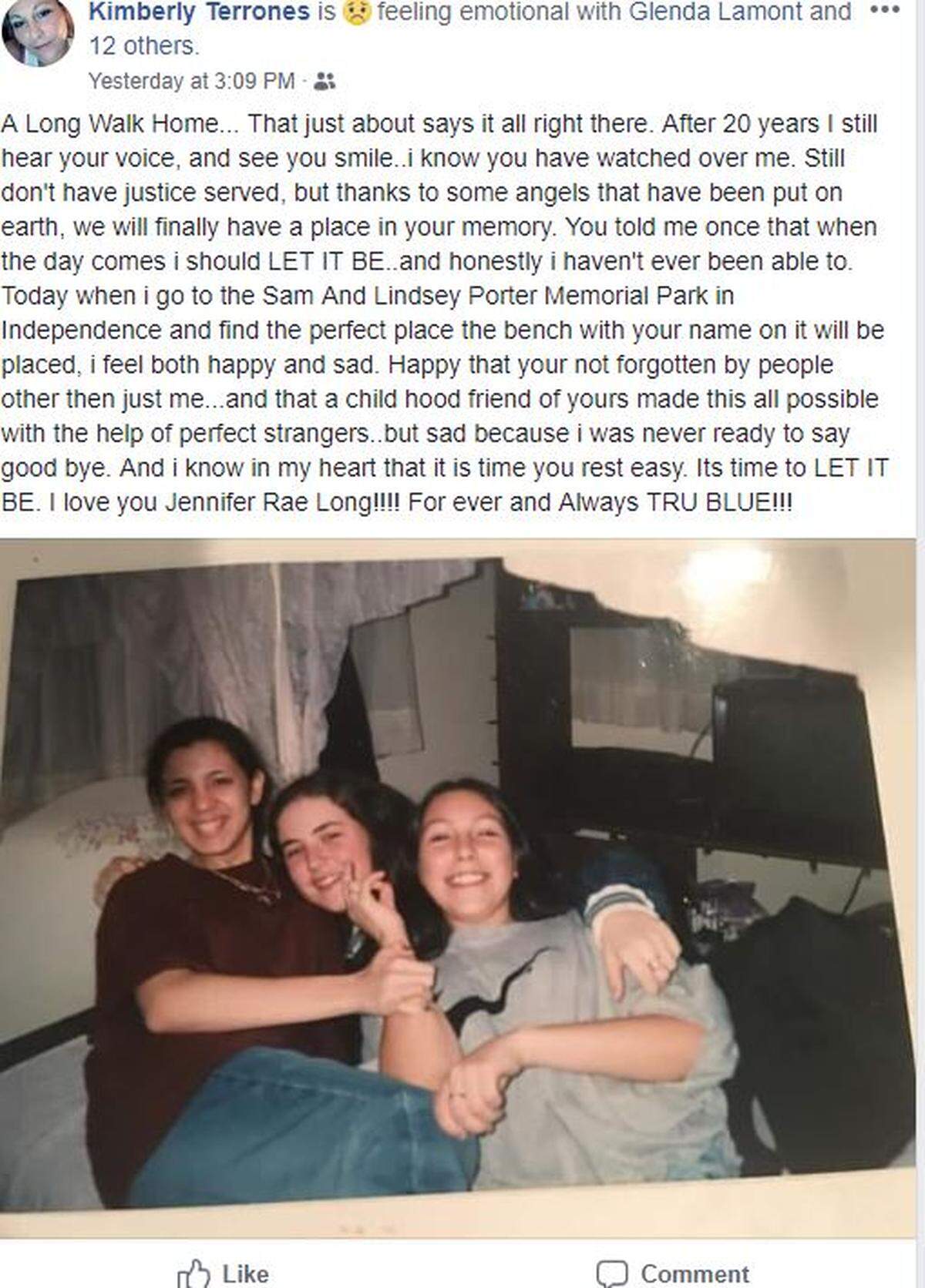 Kimberly Torrones recently posted about her childhood friend, Jennifer Long, on Facebook