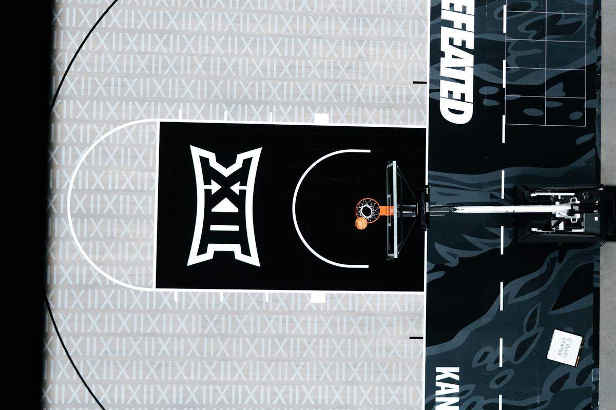 A closer look at the floor of the basketball courts for the upcoming 2025 Big 12 Tournament.