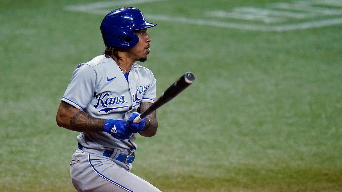 Kansas City Royals’ Adalberto Mondesi watches his double off Tampa Bay Rays relief pitcher Pete Fairbanks during the ninth inning of a baseball game Tuesday, May 25, 2021, in St. Petersburg, Fla. (AP Photo/Chris O’Meara)
