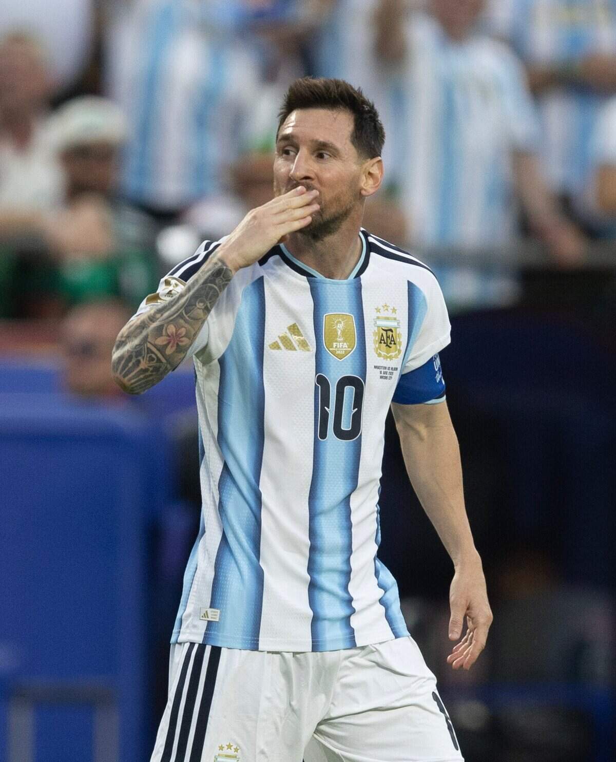 Argentina forward Lionel Messi (10) blows a kiss to the crowd after one of his three goals during the Argentina vs. Algeria FIFA World Cup group-stage soccer match at Kansas City (Arrowhead) Stadium in Kansas City on Tuesday, June 16, 2026.