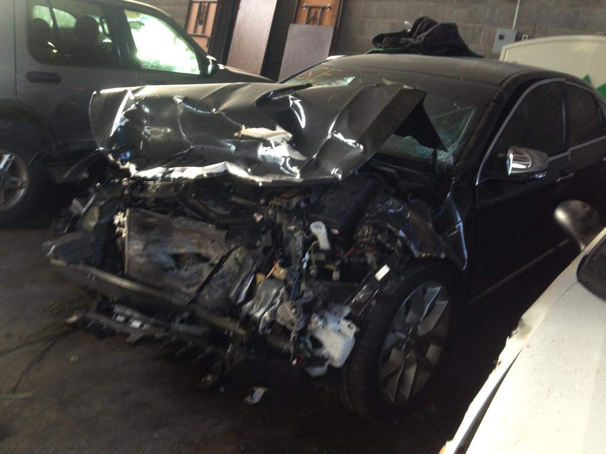 Jevon and Julie McBride survived a head-on collision on Oct. 7, 2016, near their home in Warrensburg, Missouri. This was their car after the accident.