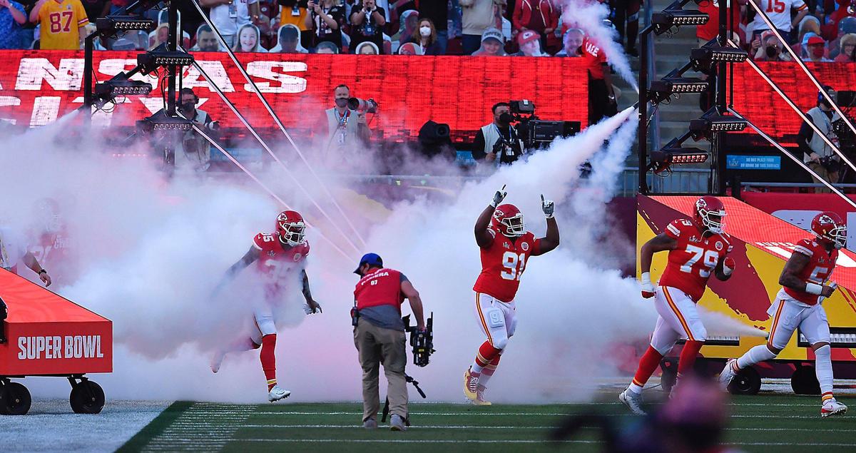 Kansas City Chiefs players take the field Sunday, February 7, 2021, during Super Bowl LV at Raymond James Stadium in Tampa, Florida.