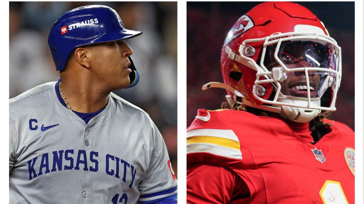 The Royals’ Salvador Perez (left) from Game 2 of the American League Division Series and the Chiefs’ Xavier Worthy from Chiefs’ win over Saints.