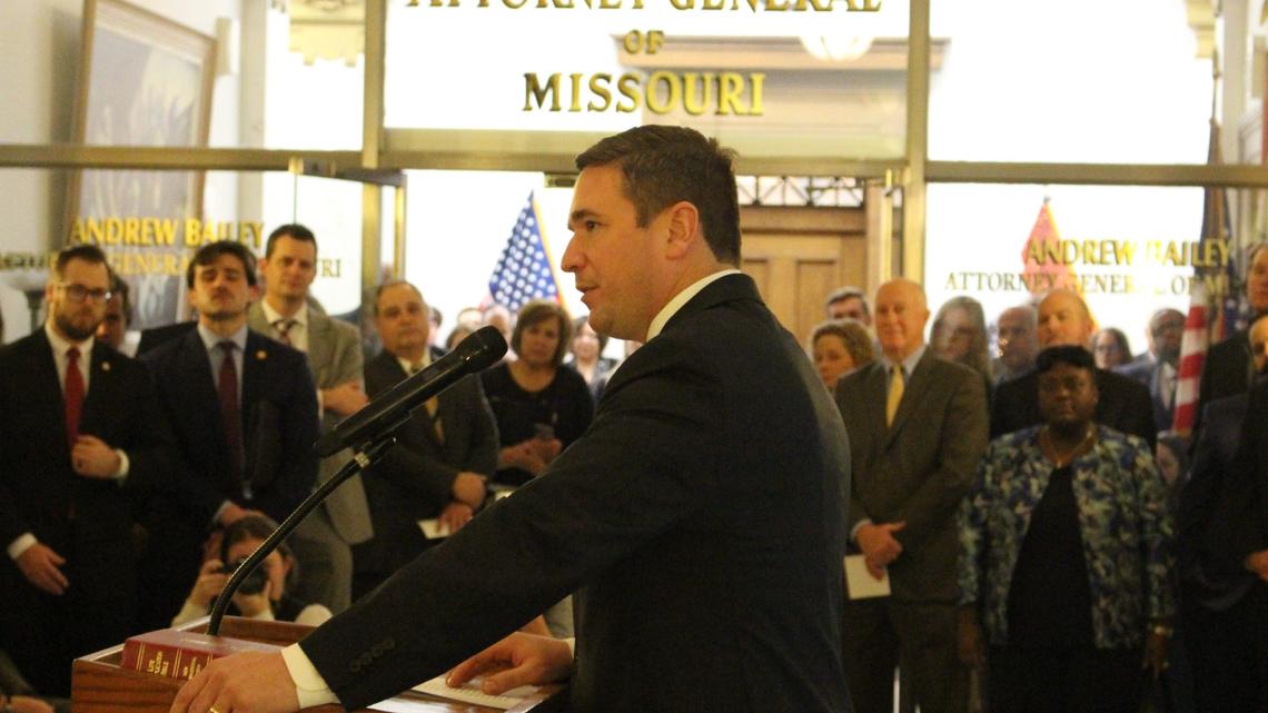 Missouri Attorney General Andrew Bailey gives his first remarks after being sworn into office in January at the Missouri Supreme Court in Jefferson City.