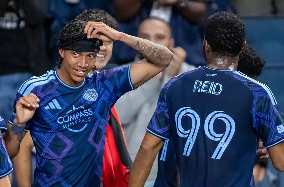 Sporting Kansas City forward Calvin Harris (11) celebrates a goal in the second half at Sporting Park on Wednesday, May 13, 2026, 2026, in Kansas City, Kansas. Sporting KC defeated the LA Galaxy, 3-1.