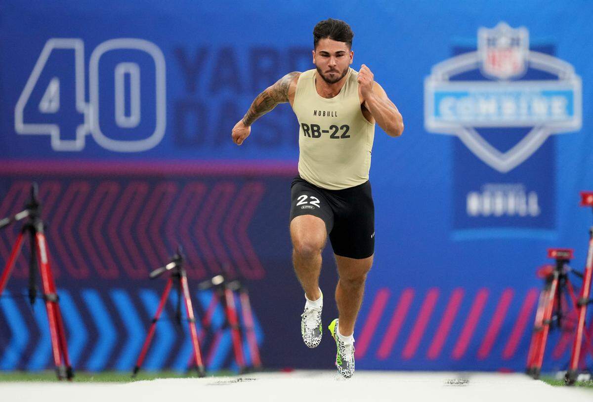 Missouri running back Cody Schrader (RB22) during the 2024 NFL Combine at Lucas Oil Stadium on March 2, 2024.