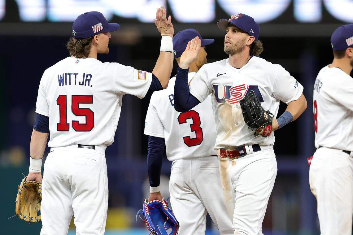 Bobby Witt Jr. #15 of Team USA and Jeff McNeil #1 celebrate after defeating Team Cuba 14-2 during the World Baseball Classic Semifinals at loanDepot park on March 19, 2023 in Miami, Florida.