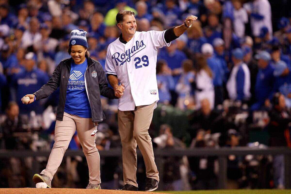 Former Kansas City Royals star Mike Sweeney waves before Game 2 of the 2015 World Series at Kauffman Stadium on October 28, 2015 in Kansas City, Missouri.