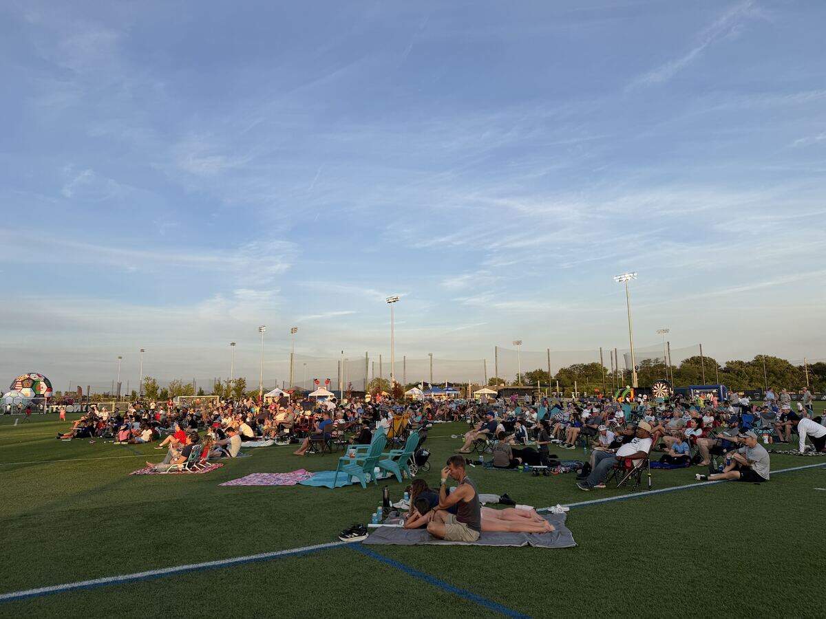 A crowd watches the Argentina vs. Algeria World Cup game from the Northland Sporting Complex on Tuesday, June 16, 2026.