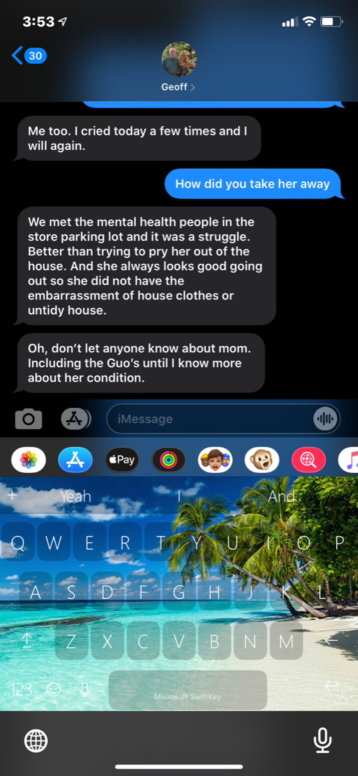 A screenshot from Ellie Green’s cellphone of a conversation with her father, Geoffrey Green of Prairie Village, saying that Angela Green — her mother and his wife — has been taken to a mental hospital. 