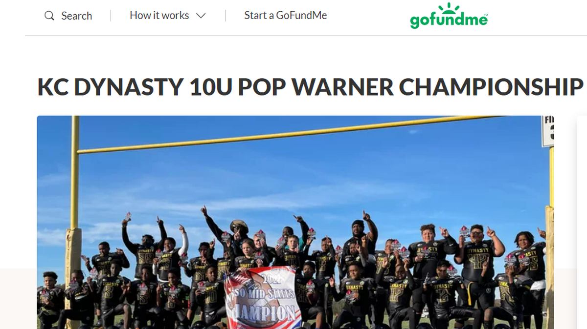 KC Dynasty 10U, a youth football team in Kansas City, qualified for the Pop Warner Super Bowl Tournament in Orlando, Florida. They started a GoFundMe to help cover costs.