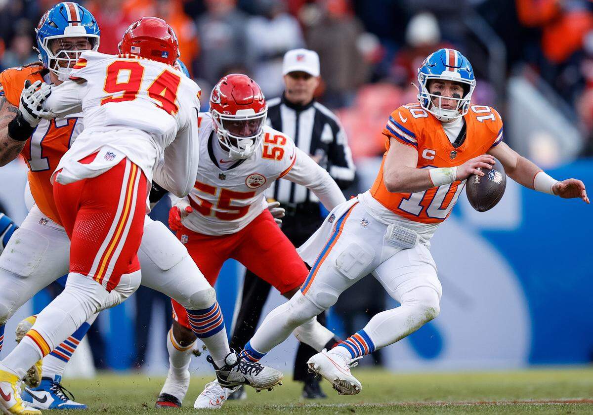 Denver Broncos quarterback Bo Nix, right, rolls out of the pocket against the Kansas City Chiefs during the teams’ NFL Week 18 game at Empower Field at Mile High in Denver on Sunday, Jan. 5, 2025.